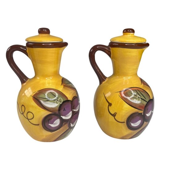 Ceramic Oil & Vinegar Cruet Set With Salt & Pepper Shakers Wooden Caddy Stand - Picture 5 of 11